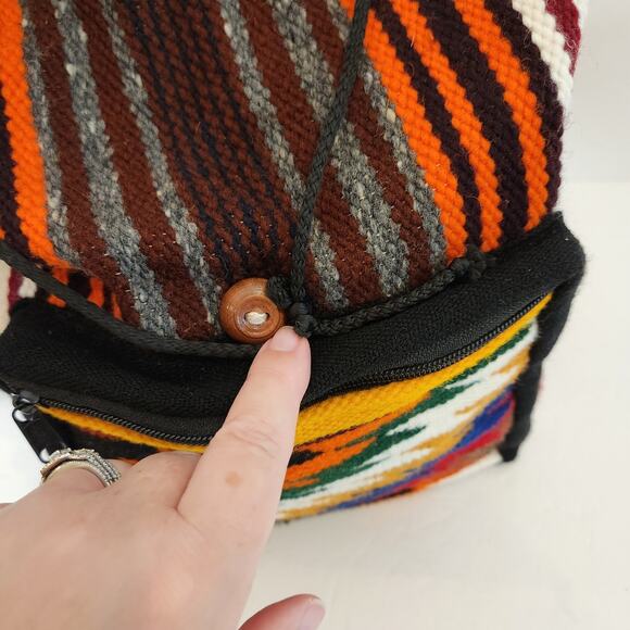 Peruvian Wool Red Black Aztec Print Lined Backpack Boho Hippie Retro Western - Picture 7 of 12